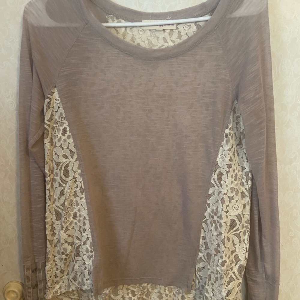 Altar'd State Taupe Long Sleeve Top with Cream Lace Panels